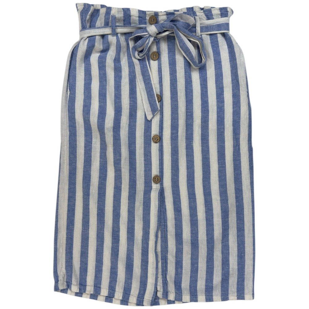 Love Tree Linen L Striped Midi Skirt Blue White Paperbag Waist Nautical Beachy